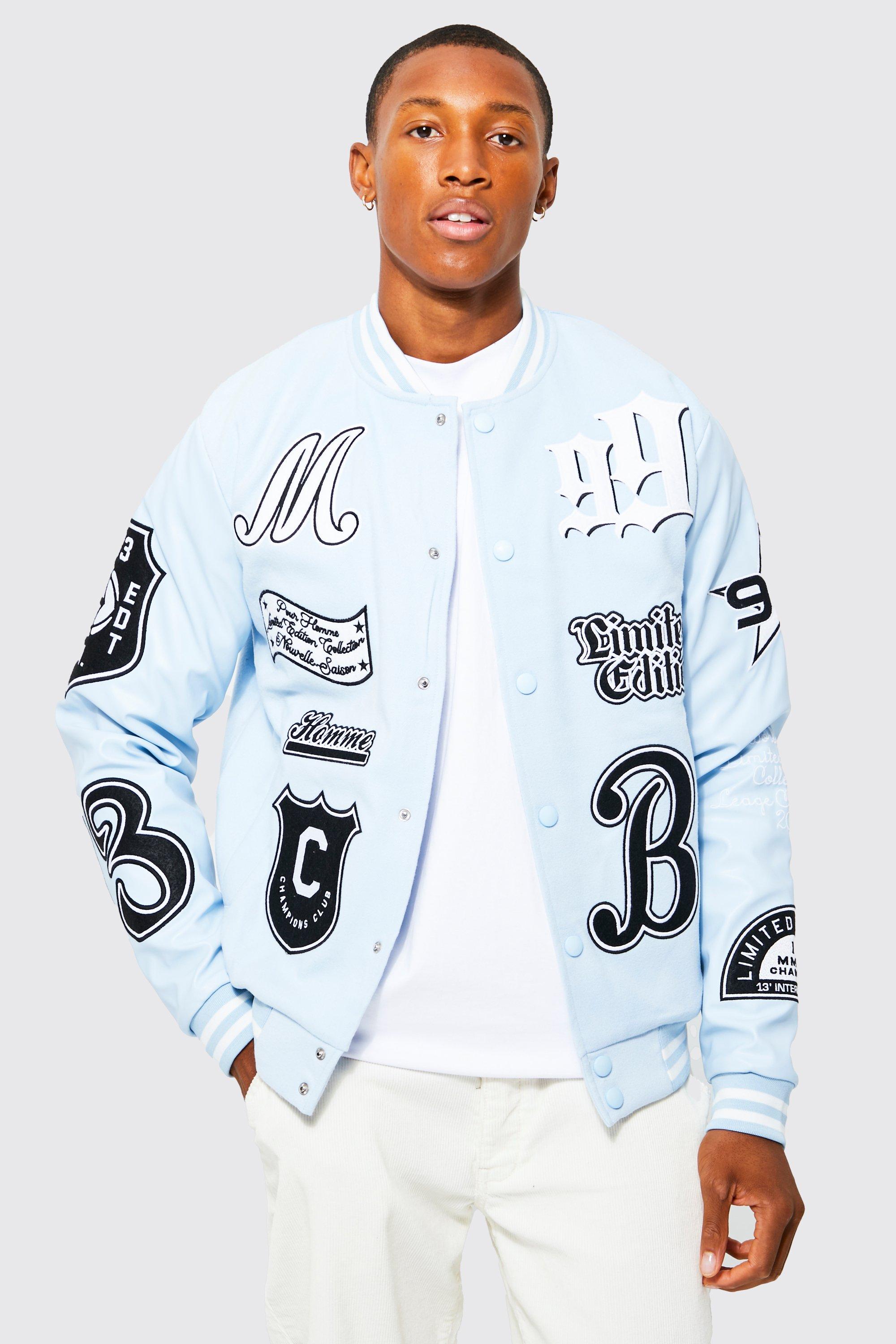 All Over Badged Varsity Jacket | boohooMAN USA